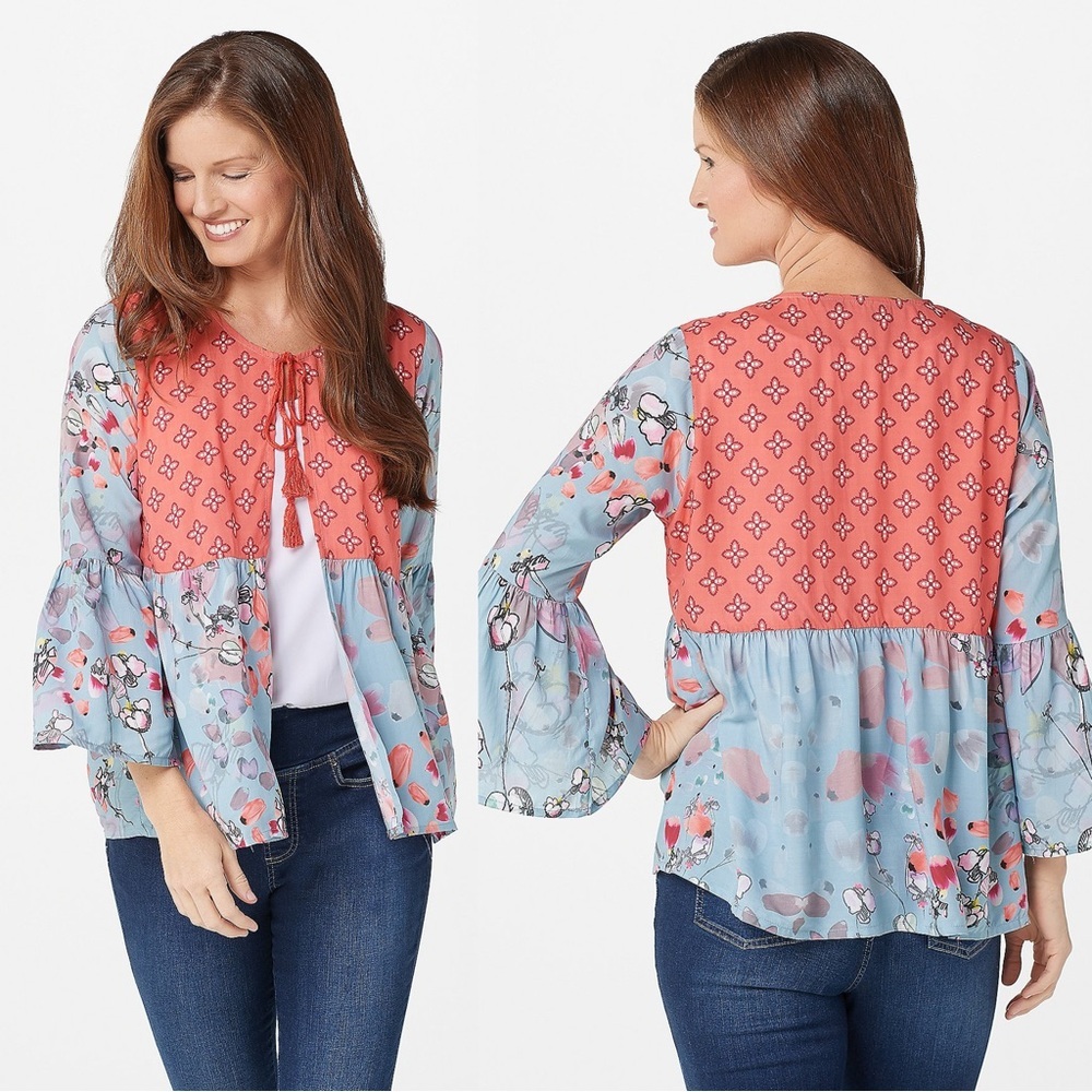 Tolani Collection Women’s Printed Peplum Top Kimono with Tassels Multicolor M